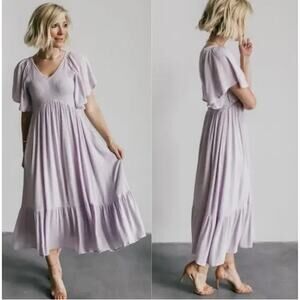 Baltic Born Felicity Smocked Lilac Dress Midi Flutter Sleeves Vneck Tiered XL